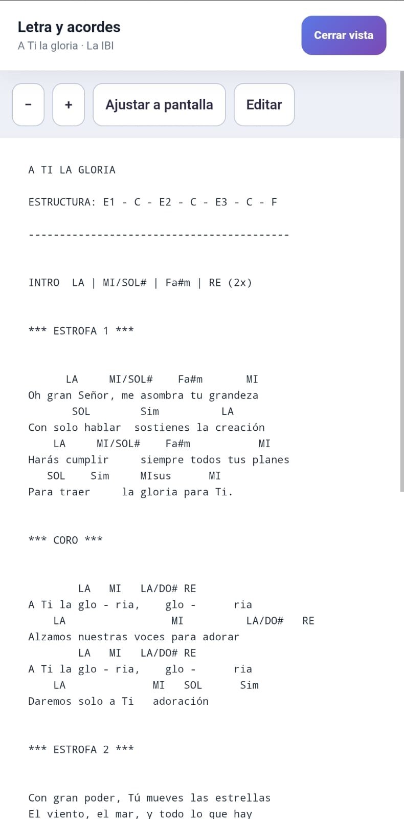 Vista ampliada de letra y acordes en Levitas
